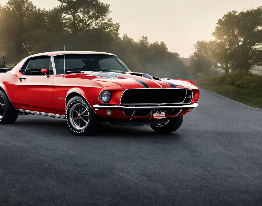 Vintage Red Shelby Mustang with White Racing Stripes on Road at Dusk