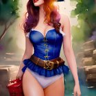 Digital Artwork: Woman with Red Hair in Blue and White Corset by Waterbody