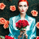 Poised woman in turquoise blazer with pink roses against floral backdrop