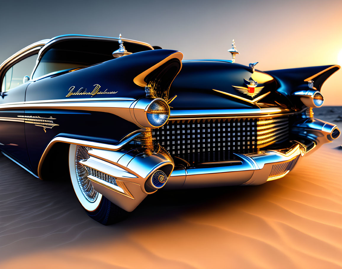 Vintage Cadillac Eldorado with tailfins and chrome details at sunset