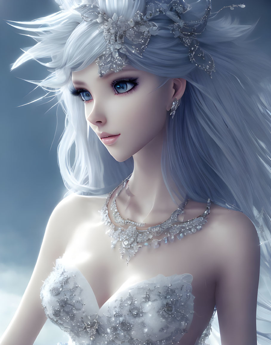 Illustration of woman with pale skin, blue eyes, silver hair, snowflake-themed attire