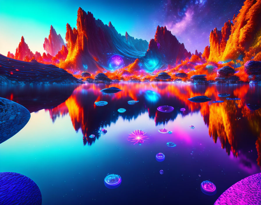 Fantasy landscape with neon-lit lake, colorful flora, starry sky, and floating orbs