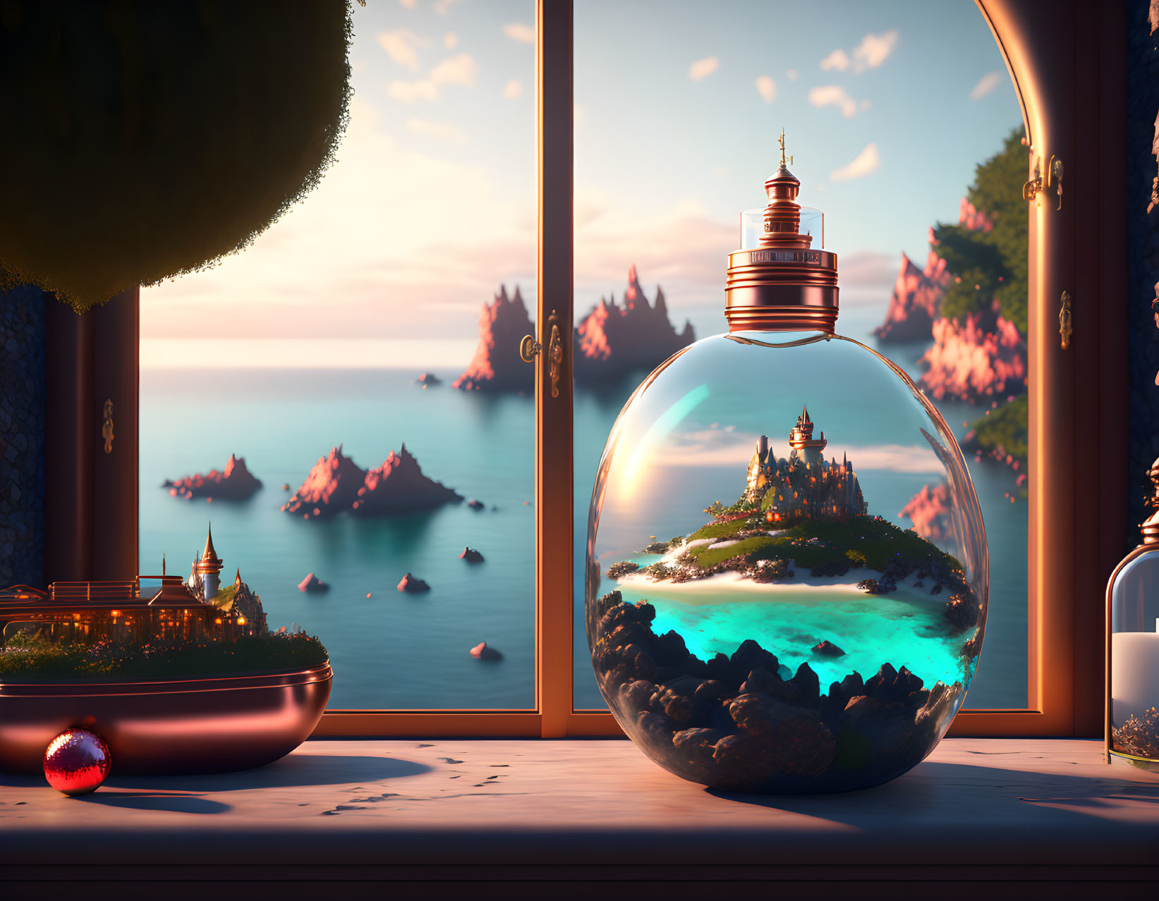 Fantasy Landscape with Miniature Castle in Globe at Sunset