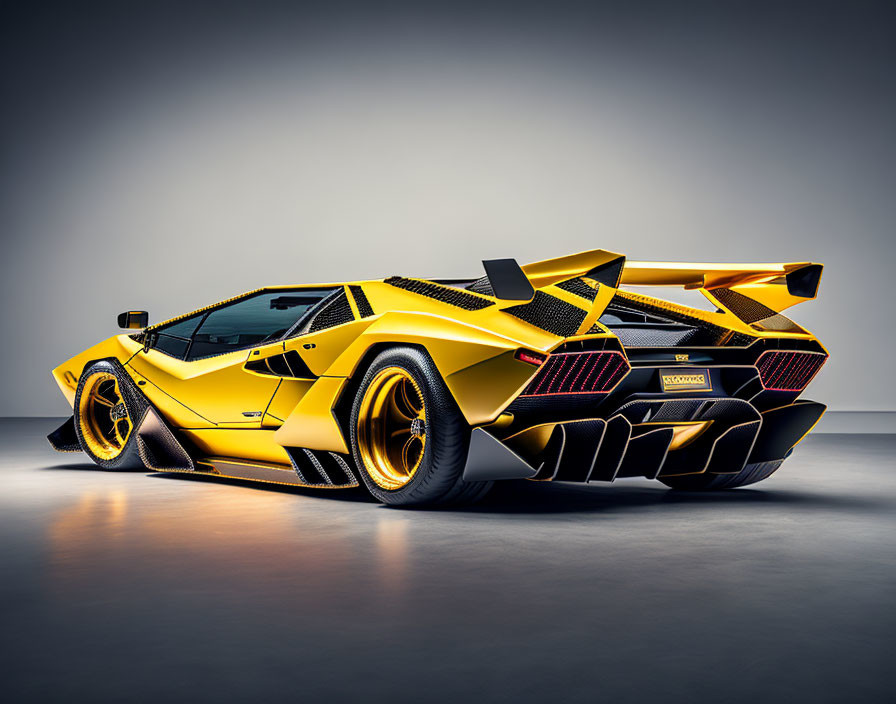 Yellow Lamborghini with Aggressive Design and Hexagonal Exhausts in Studio Setting