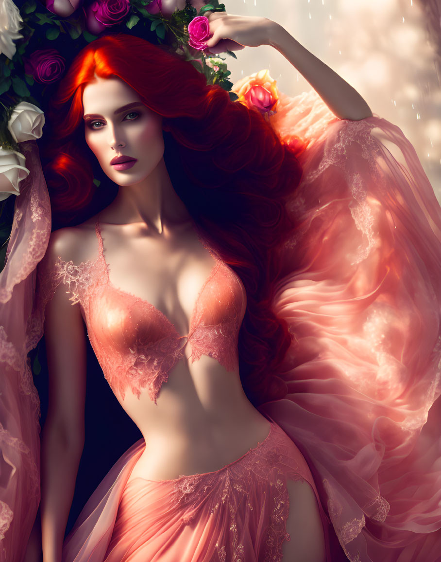 Vibrant red-haired woman in pink gown with green eyes and roses backdrop