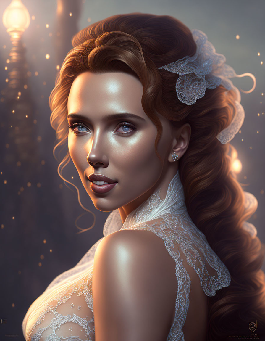 Detailed digital portrait of a woman with lace, glowing skin, and voluminous hair on warm bokeh