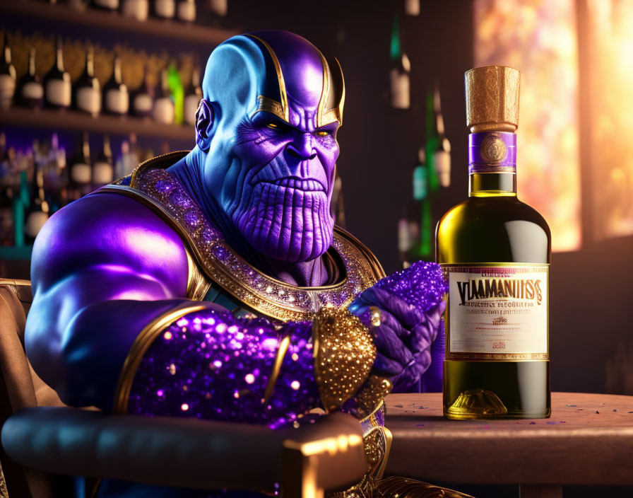 Thanos with cosmic gauntlet at bar with Intergalactic Tequila