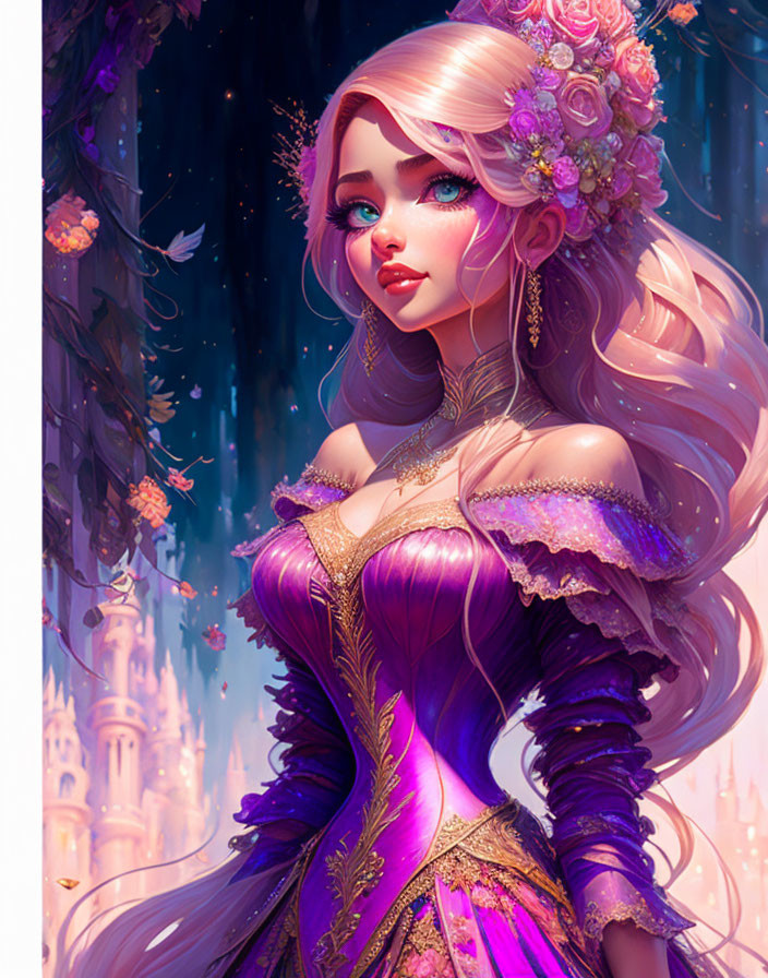 Illustrated character with pink wavy hair and blue eyes in purple gown against castle backdrop