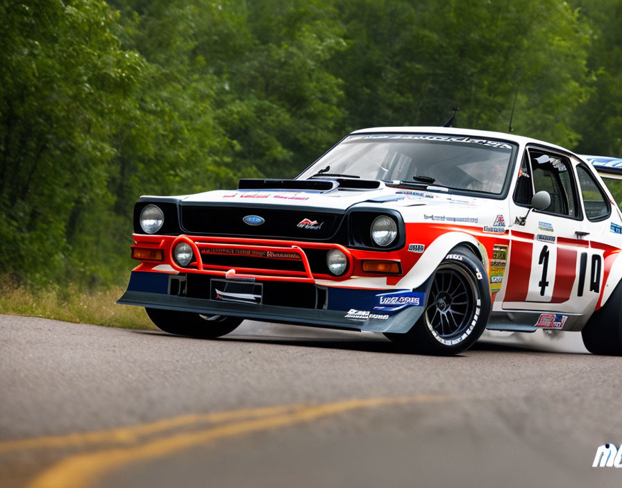 Vintage Ford Escort Rally Car in White, Red, and Blue Livery on Asphalt Road