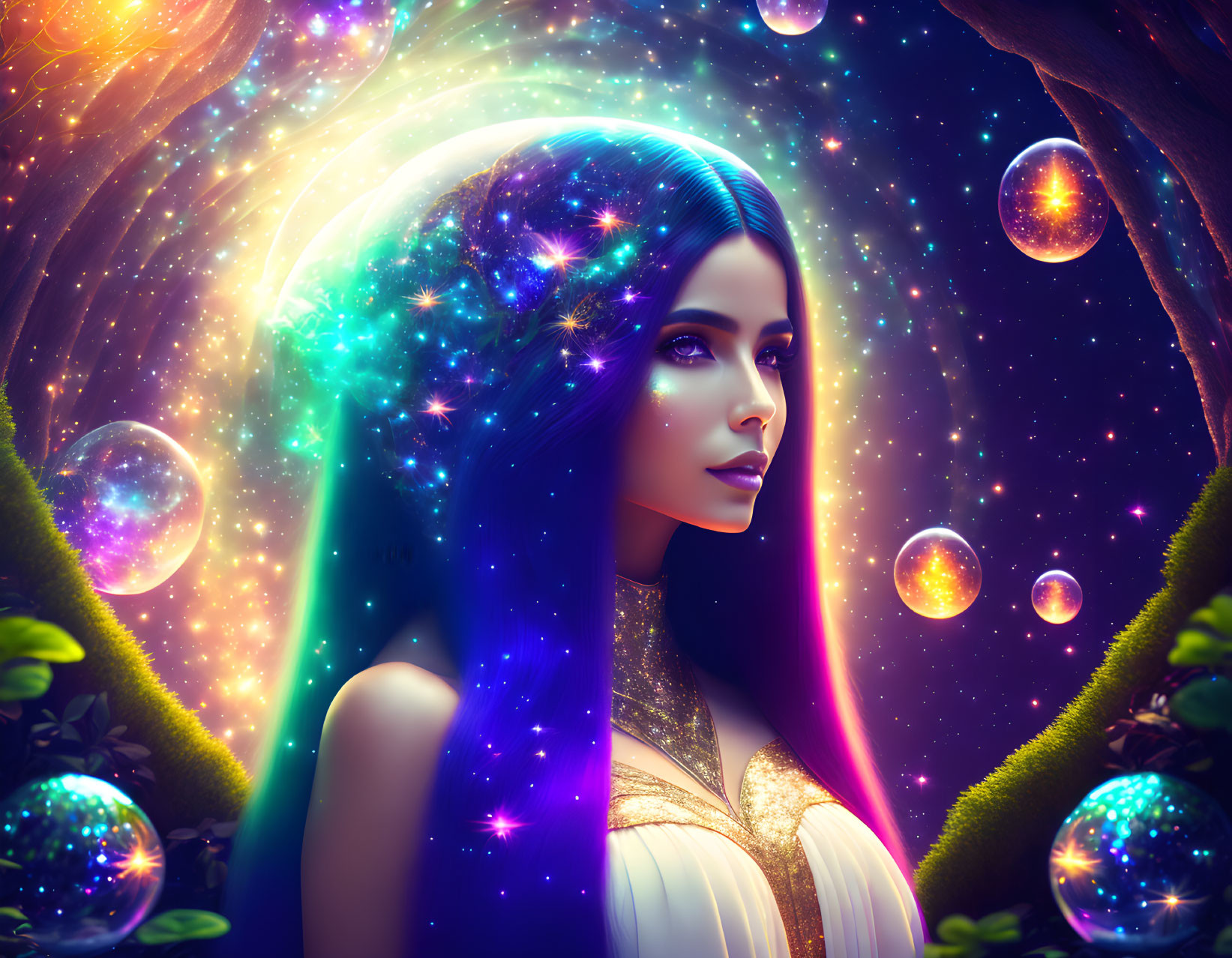 Fantastical portrait of woman with galaxy-filled hair and glowing planets in celestial backdrop.