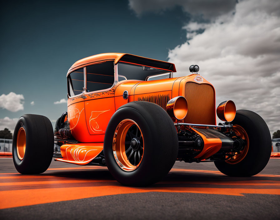 Vintage orange hot rod with large rear wheels on tarmac under cloudy sky