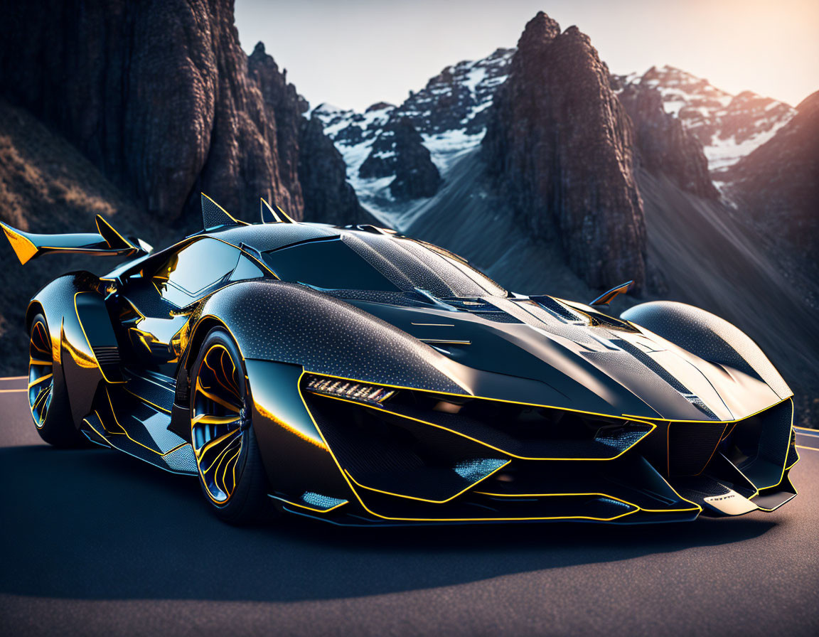 Black Sports Car with Yellow Accents on Mountain Road at Sunset