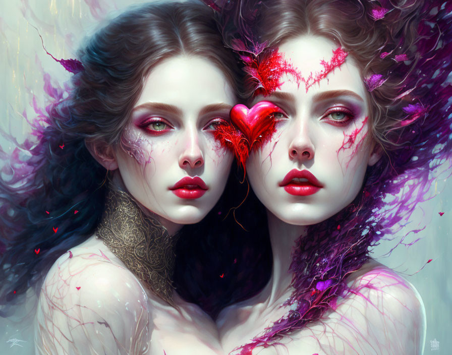 Digital painting of two women connected by heart-shaped object in vivid colors