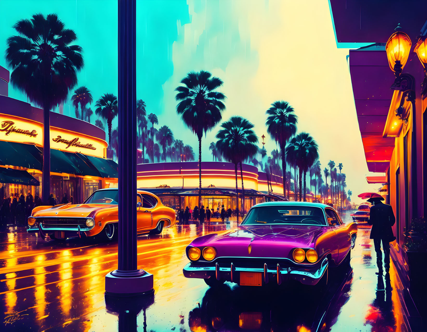 Colorful rainy street scene with vintage cars and palm trees