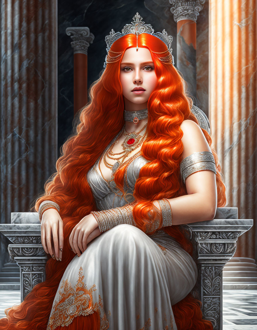 Regal woman with red hair on marble throne surrounded by columns