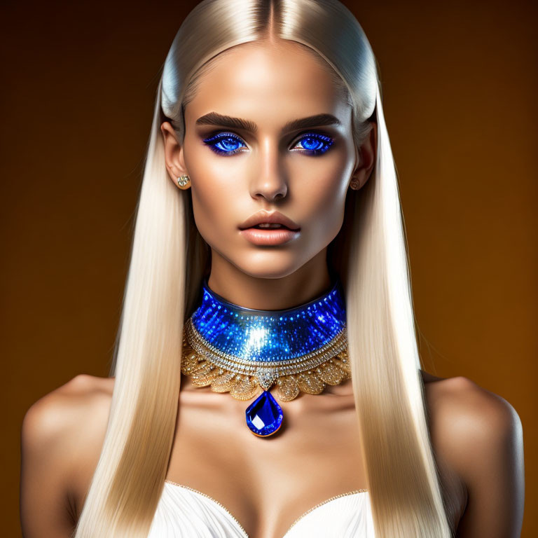 Portrait of woman with blue eyes, platinum blonde hair, and blue jewelry on golden background