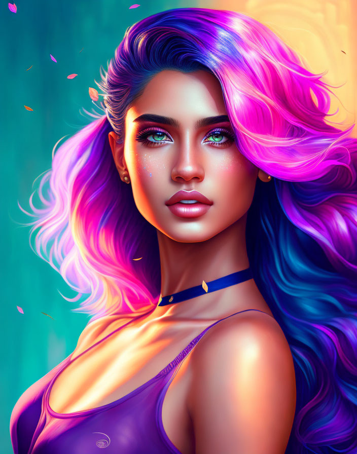 Vibrant blue and purple hair woman digital artwork portrait