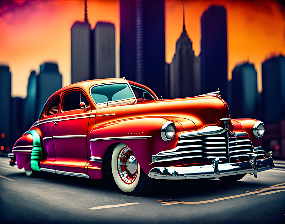 Vintage car with glossy orange paint against city skyline at sunset