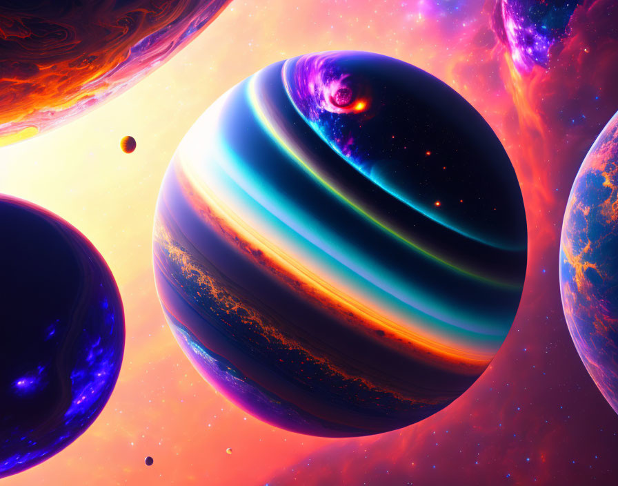 Colorful cosmic scene with planets, nebulas, and stars