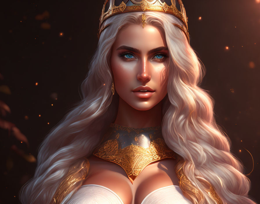 Digital Artwork: Woman with Blonde Hair and Golden Crown on Sparkling Background