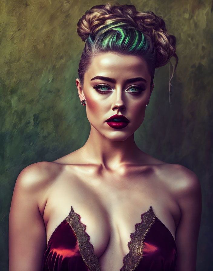 Intense woman with green-streaked updo and striking makeup in satin dress against textured backdrop