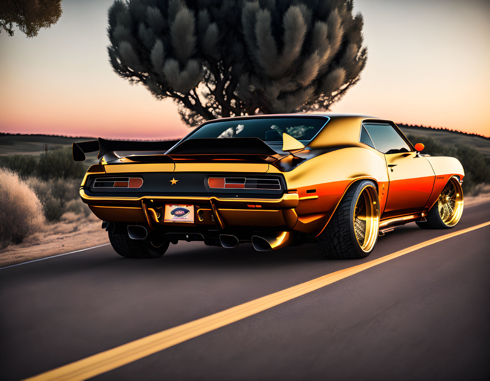 Vintage black and orange muscle car with golden rims in desert sunset drive