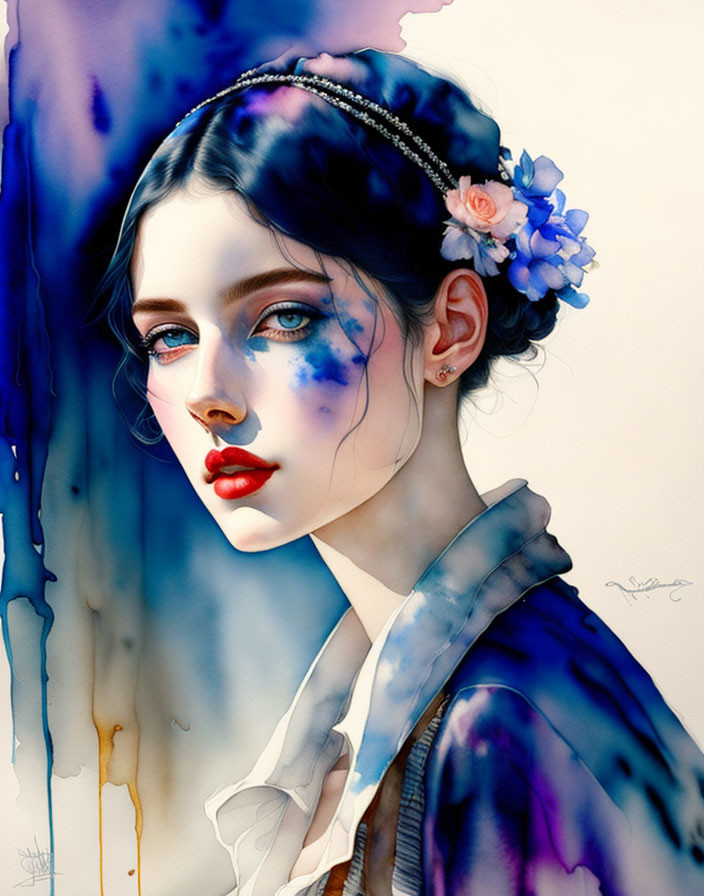 Stylized portrait of woman with blue floral patterns and headband, wearing blue blouse