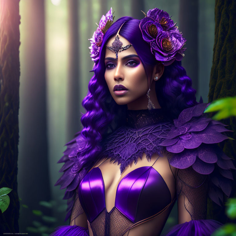 Purple-haired woman in floral headdress against mystical forest background