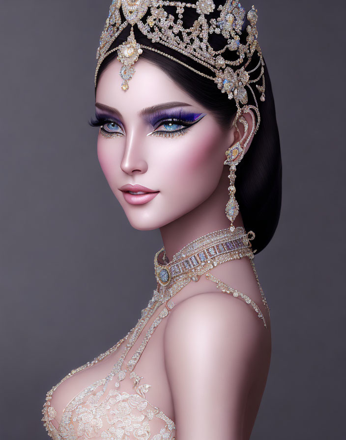 Elaborate Golden Tiara and Off-Shoulder Dress on Animated Character