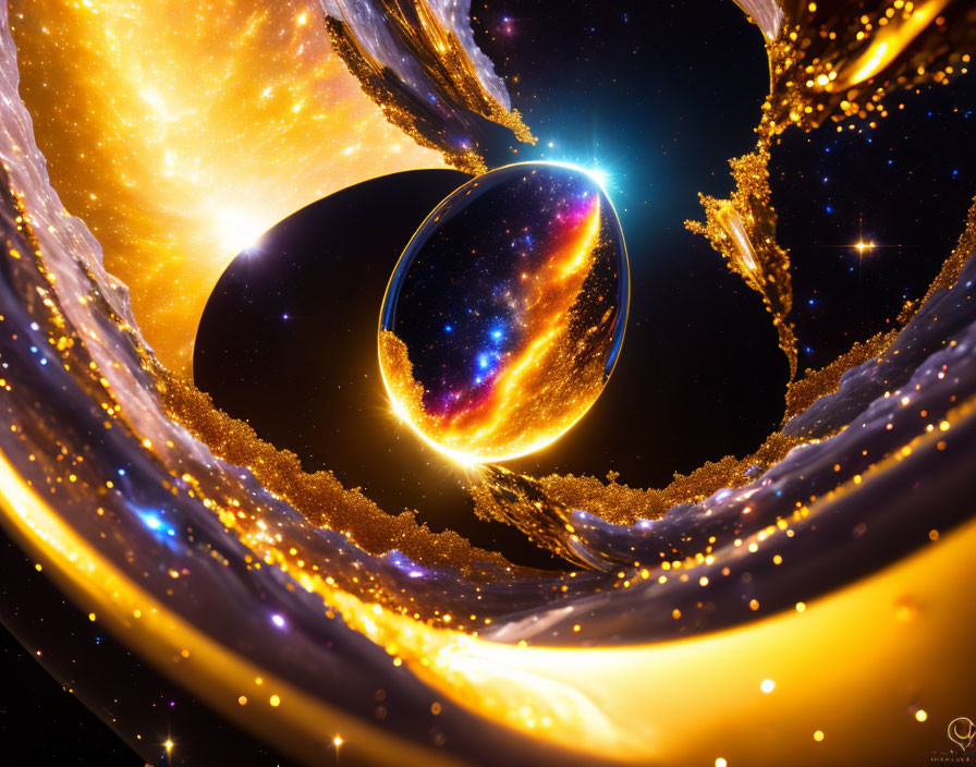 Vibrant galaxy in transparent sphere with golden spiral nebulae