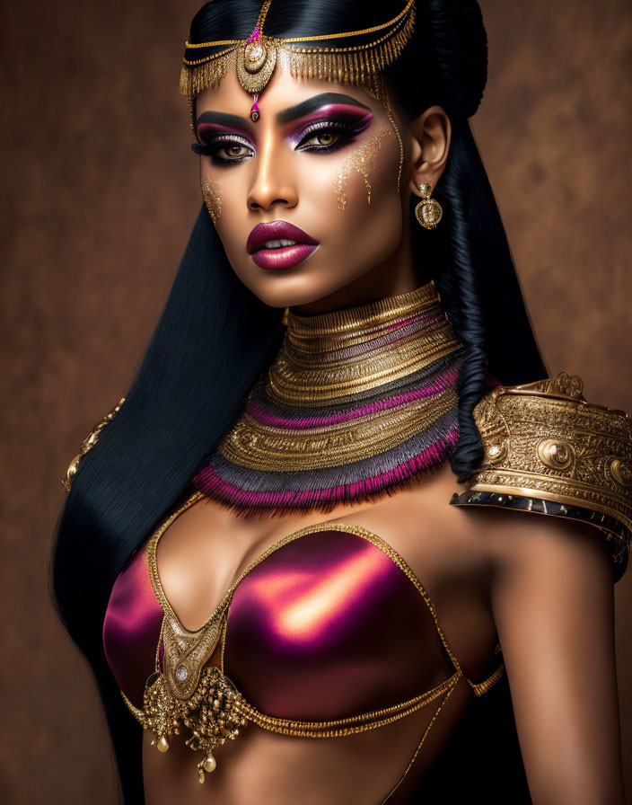 Regal woman with dramatic makeup, elaborate hairstyle, gold jewelry, and ornate costume.