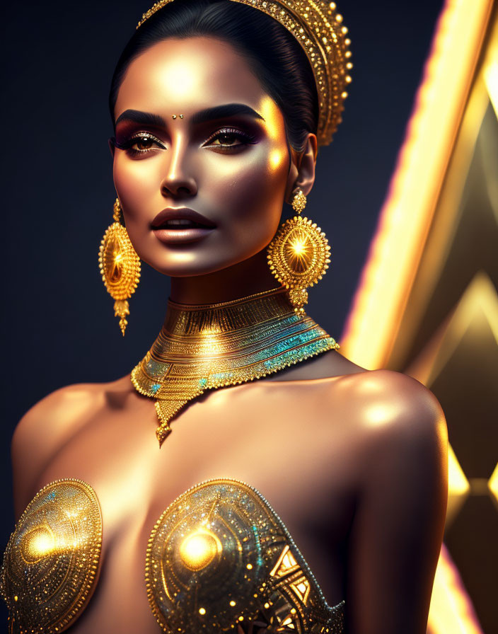 Detailed illustration of woman in ornate gold jewelry and dramatic makeup against dark background.