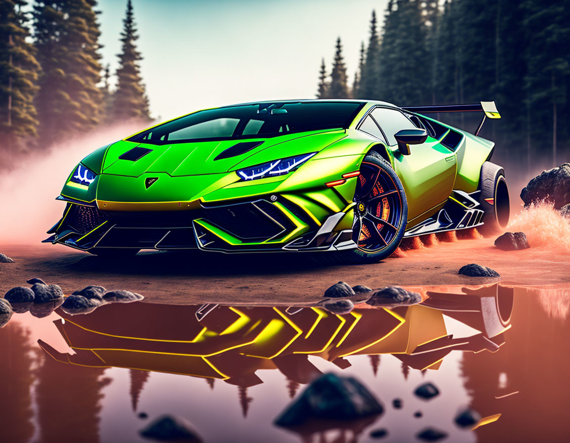 Green Lamborghini Sports Car with Yellow Accents on Dirt Terrain