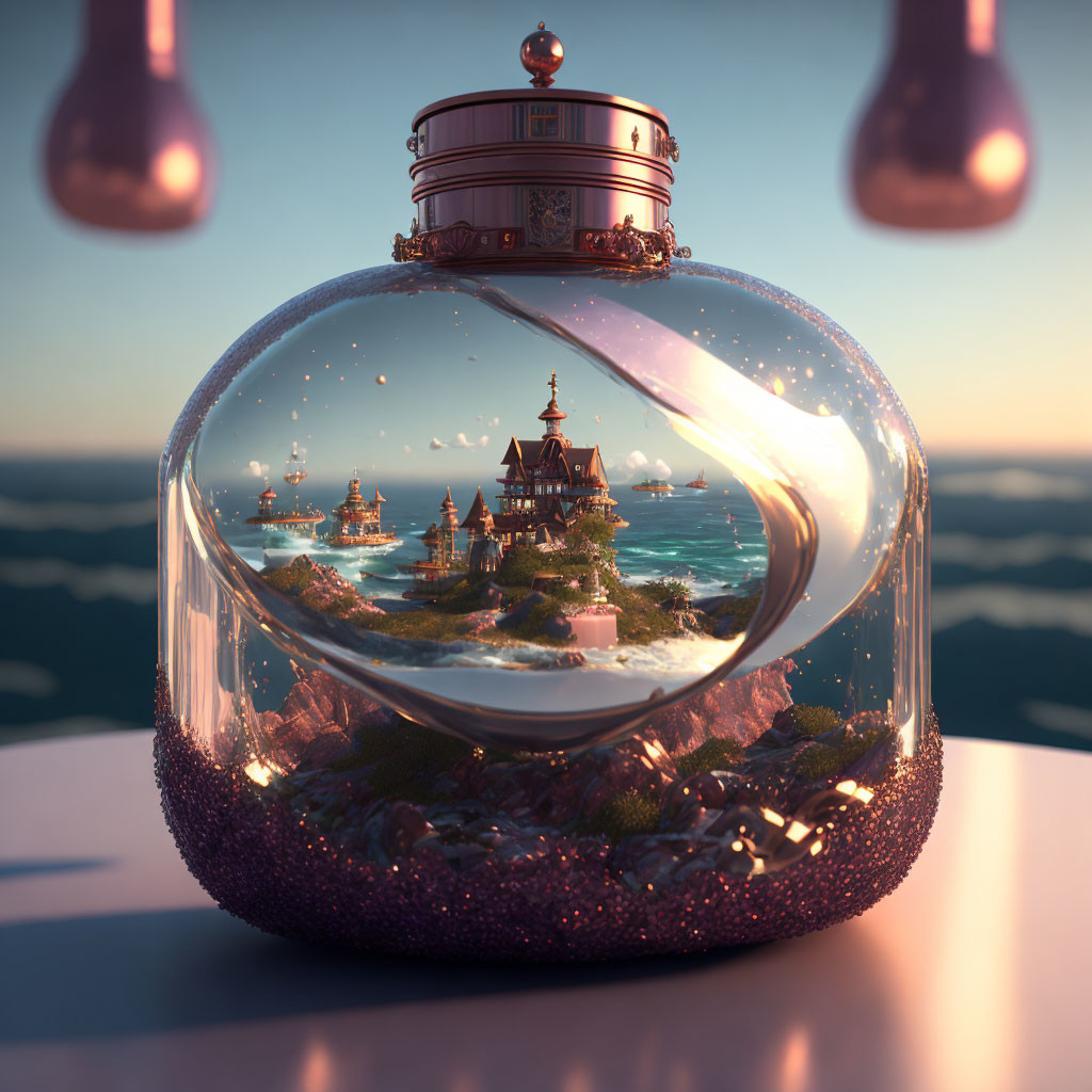 Whimsical ship-in-a-bottle village with lighthouse in sunset ocean scene