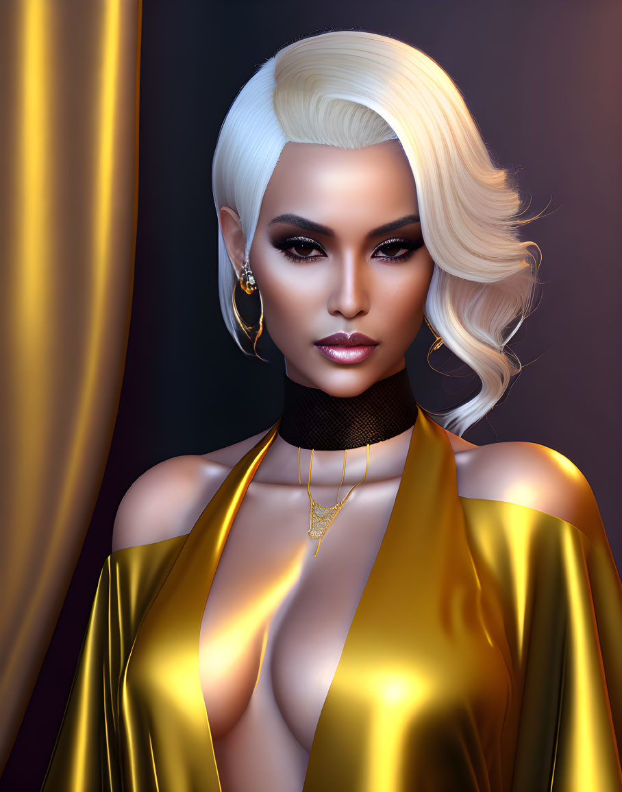 Stylized portrait of woman with platinum blonde hair and gold jewelry