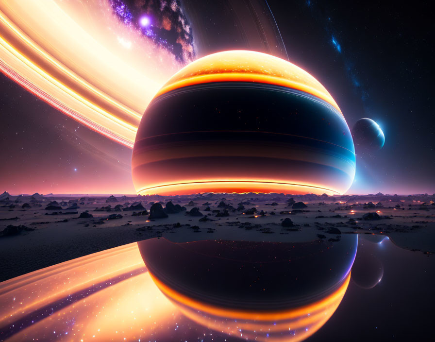 Vibrant space illustration of massive ringed planet against starry sky.