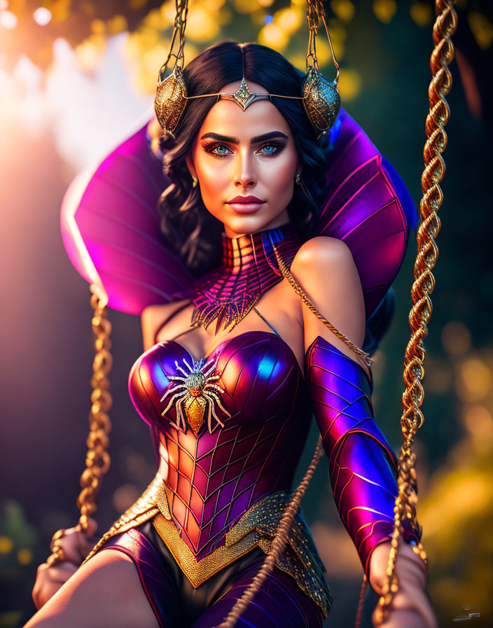 Digital artwork of woman in superhero costume on swing