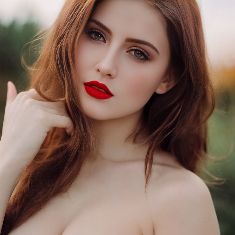 Portrait of woman with red hair and lipstick against soft background