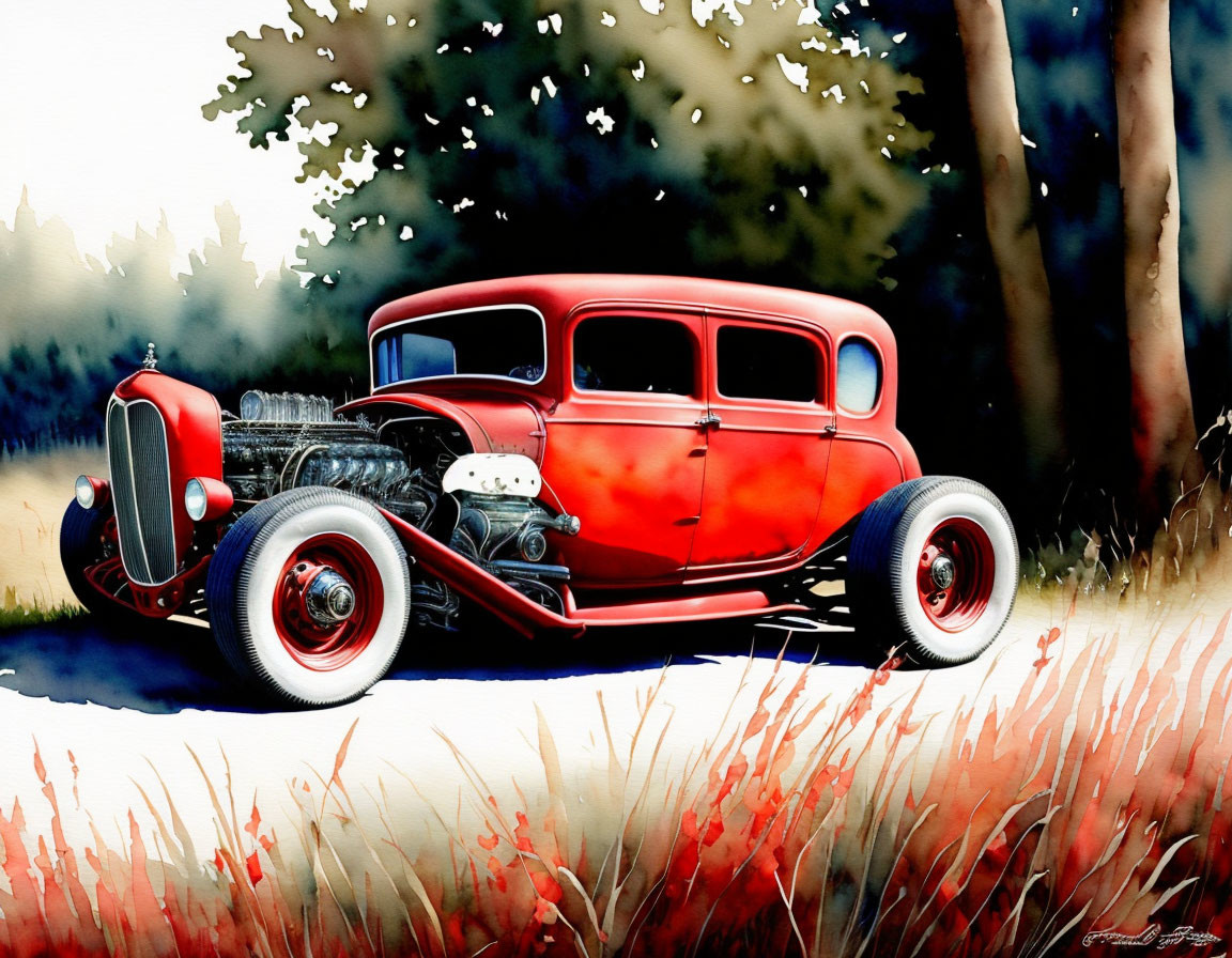 Digital illustration of classic red hot rod with exposed engine on country road in autumn.