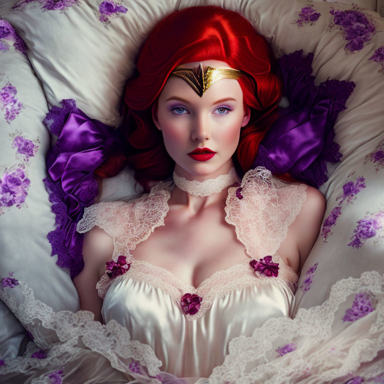 Red-haired woman in gold tiara on white and purple pillow with lace collar and floral details