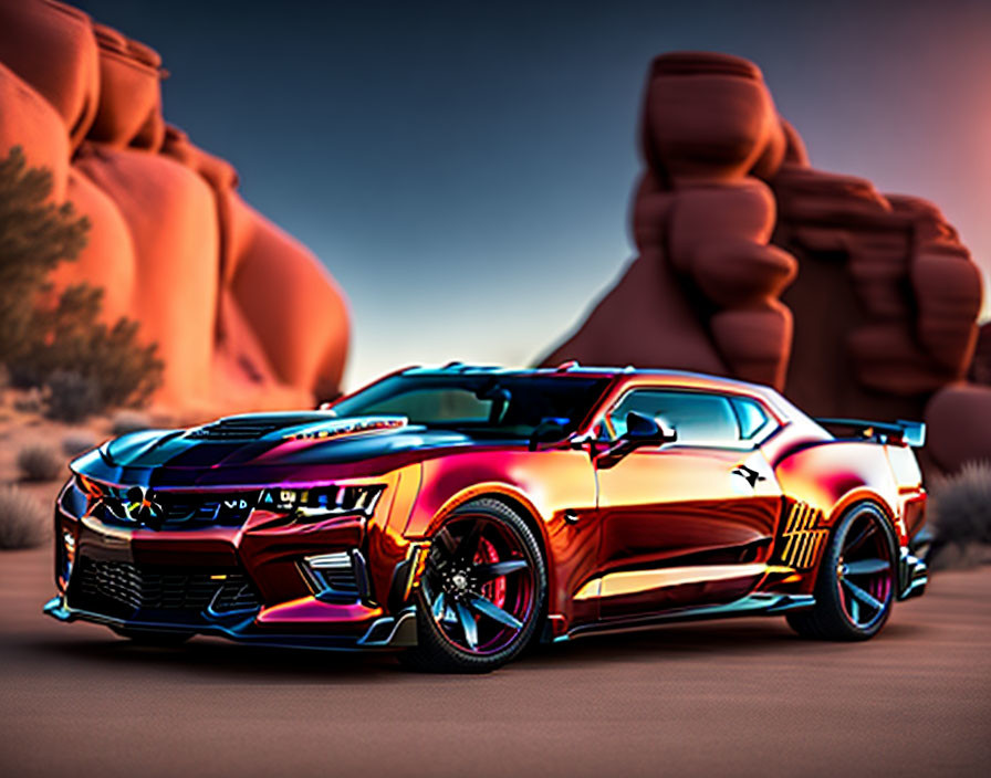 Vibrant stylized sports car in desert sunset