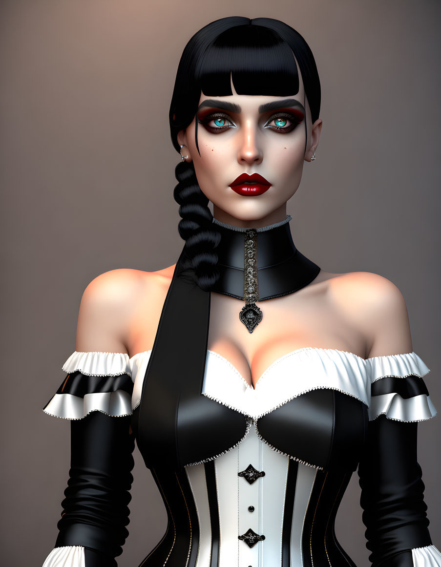 3D rendering of woman with black hair, blue eyes, pale skin in gothic outfit