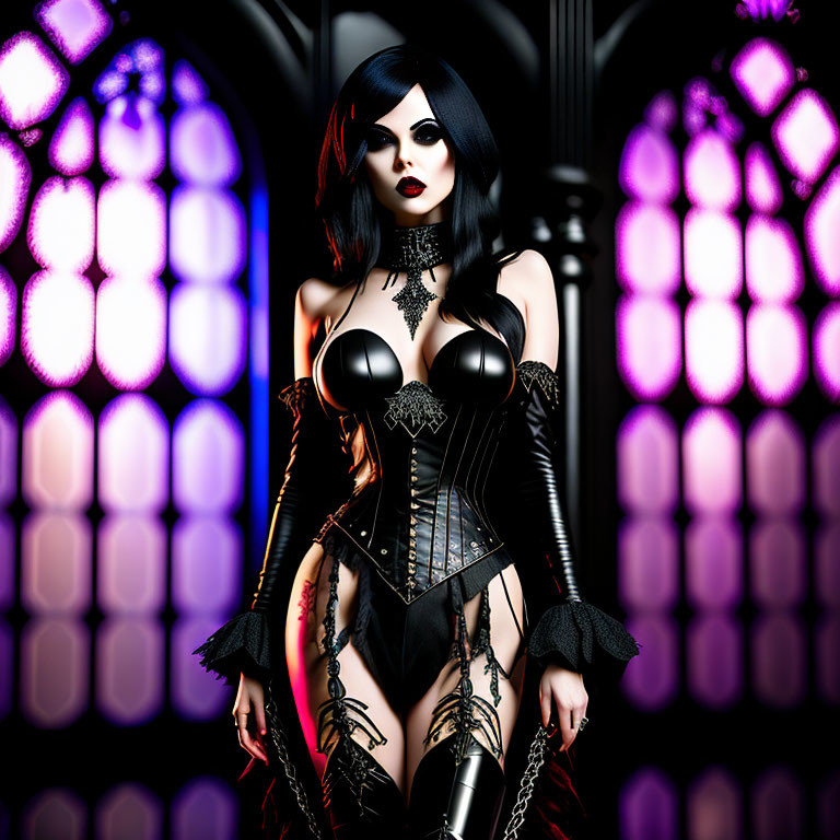 Gothic character in black corset, gloves, and choker against stained glass window.