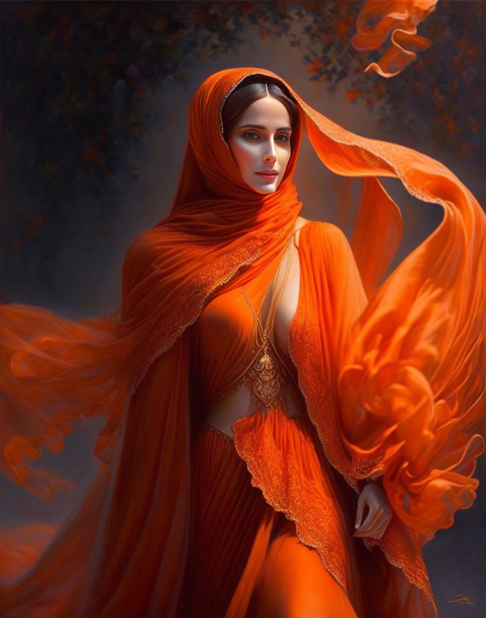 Woman in Orange Scarf Poses Against Dark Foliage