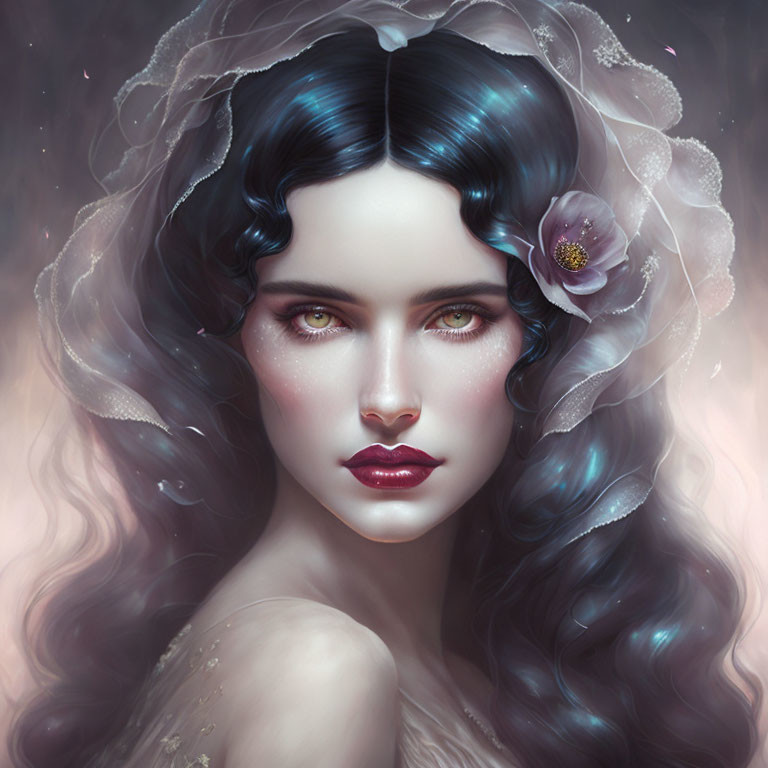 Dark-haired woman with floral hairpiece and lace veil in digital painting