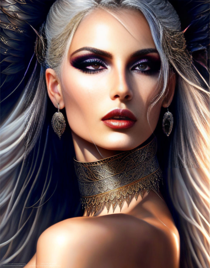 Portrait of woman with smoky eye makeup, silver hair, ornate jewelry, plunging neckline.