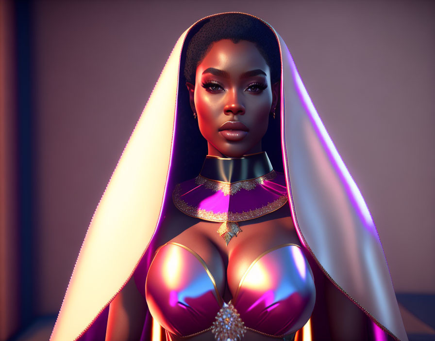 Dark-skinned woman in futuristic purple outfit with white cape and golden choker