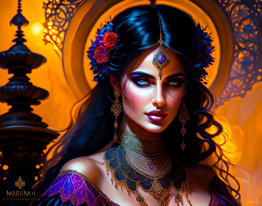 Dark-haired woman with jewelry and henna designs on a golden backdrop