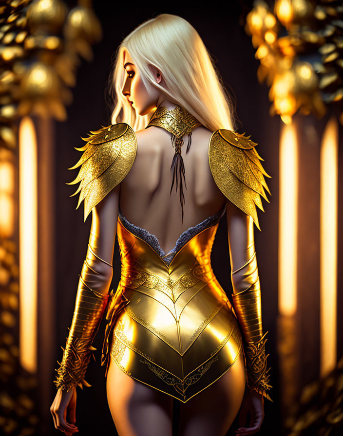 Blonde Woman in Golden Armor with Ornate Designs