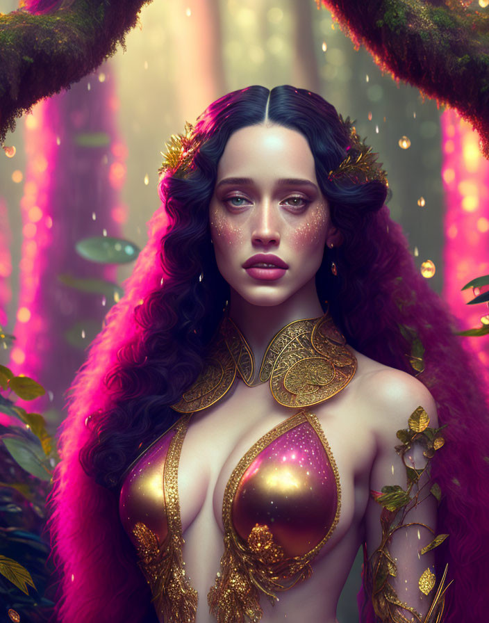 Woman with Long Curly Hair in Magical Forest with Gold Accessories